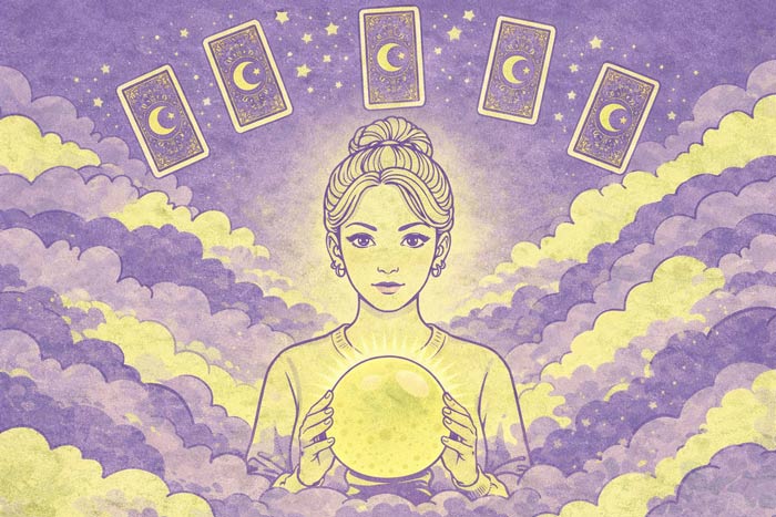 Cartomante stilizzata tra le nuvole tiene una sfera luminosa mentre carte dei tarocchi fluttuano sopra di lei, simbolo di consulto di cartomanzia
