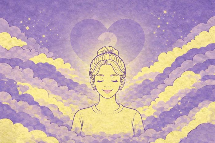 Illustrazione di una cartomante serena tra le nuvole con un cuore sullo sfondo, simbolo di consulto di cartomanzia sull’amore
