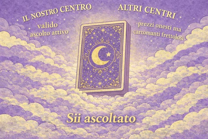 Illustrazione di un mazzo di tarocchi sospeso tra le nuvole con confronto tra il nostro centro e altri centri di cartomanzia, messaggio sii ascoltato